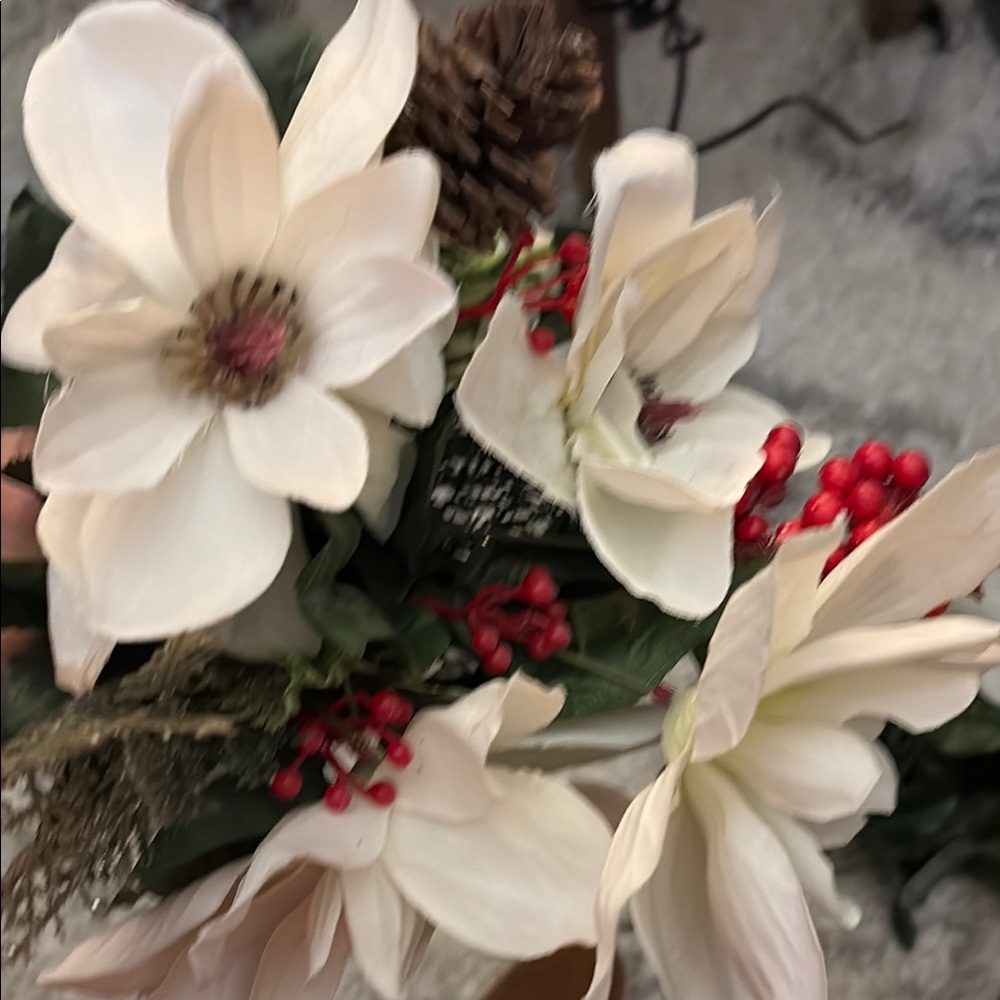 Holiday faux floral Cream Magnolia Bouquet with Red Berry Accents